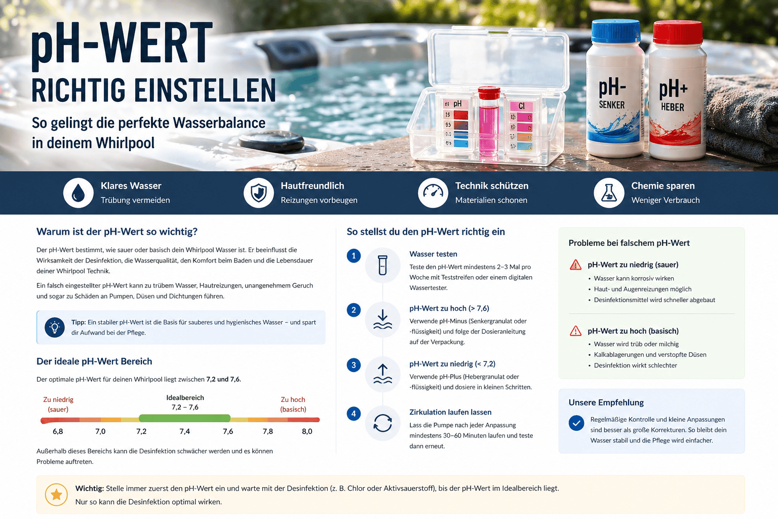 Der ph-Wert ist der wichtigste Wert im Whirlpool. Nur wenn dieser passt, kann die Chemie wirken