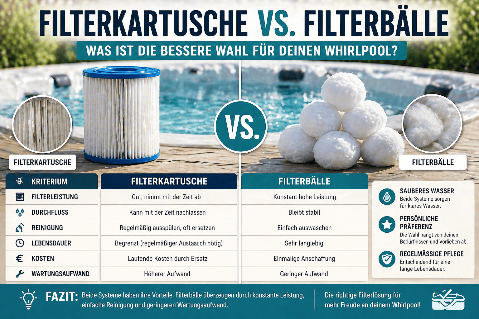 Filterkartusche vs Filterbälle im Whirlpool – Vergleich von Leistung, Reinigung, Kosten und Durchfluss