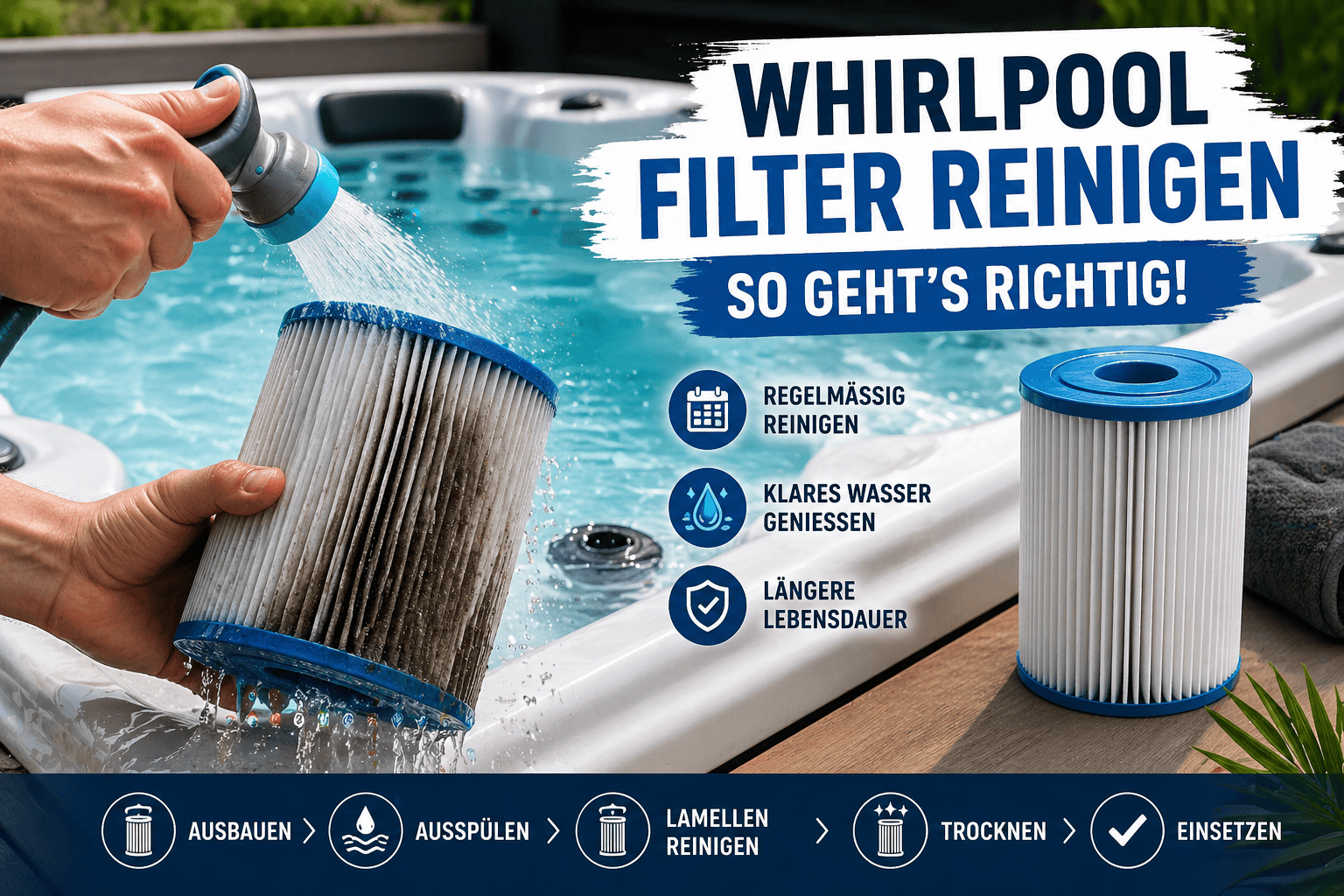 Whirlpool Filter reinigen Anleitung – verschmutzter Filter wird mit Wasser gereinigt für klares Whirlpool Wasser
